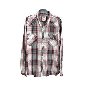 Levis Mens 3XL Shirt Pearl Snap Red Gray Multi Plaid Cotton Blend Long Sleeve L7
